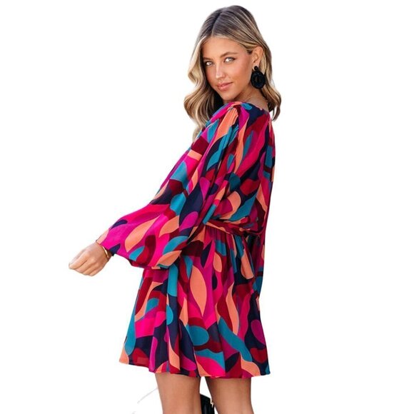 Red and Pink Print Belted Puff Sleeve Mini Dress - Picture 2 of 8